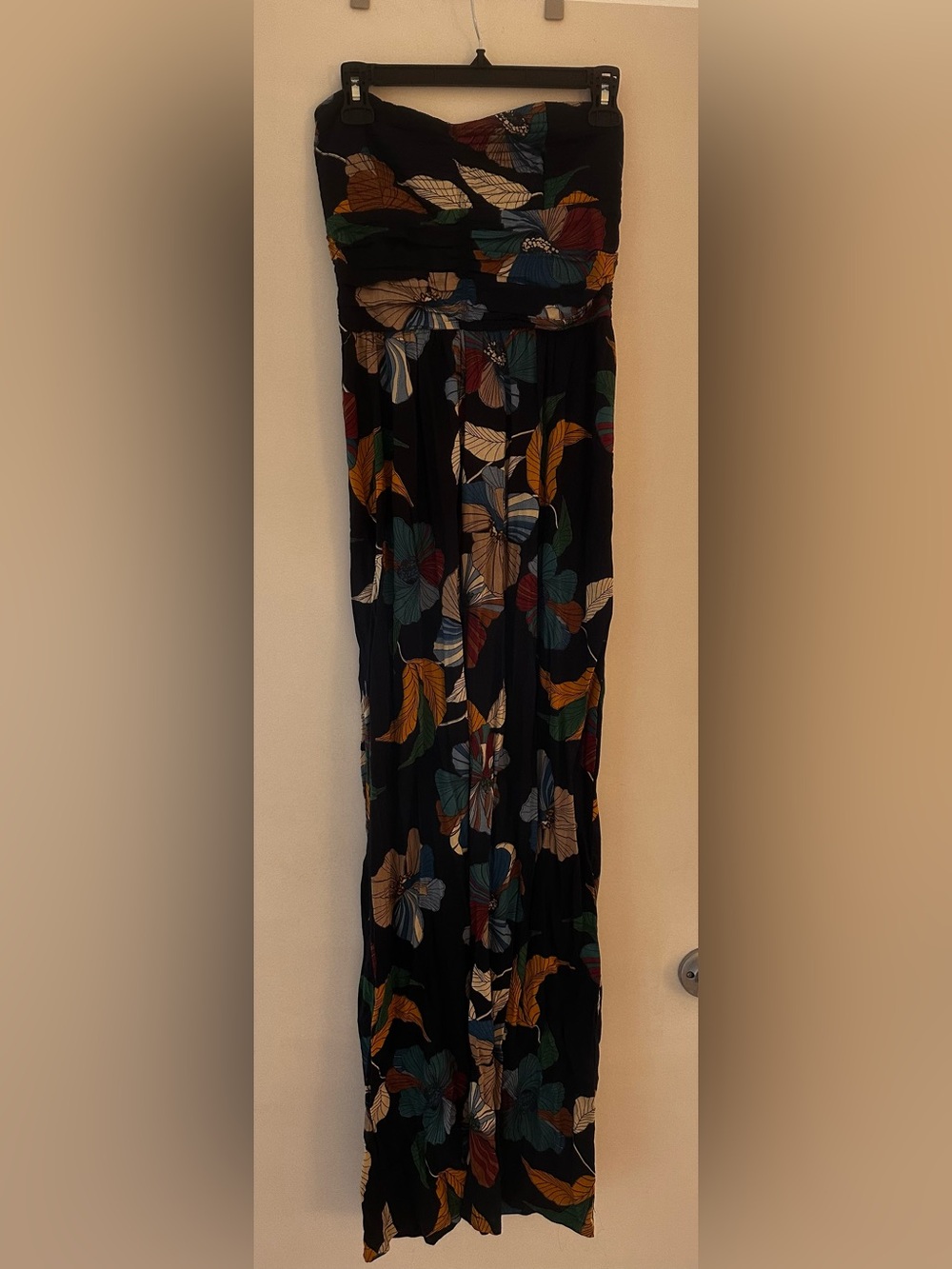 Women’s Strapless Floral Maxi Jumpsuit - Black with Multicolor Print